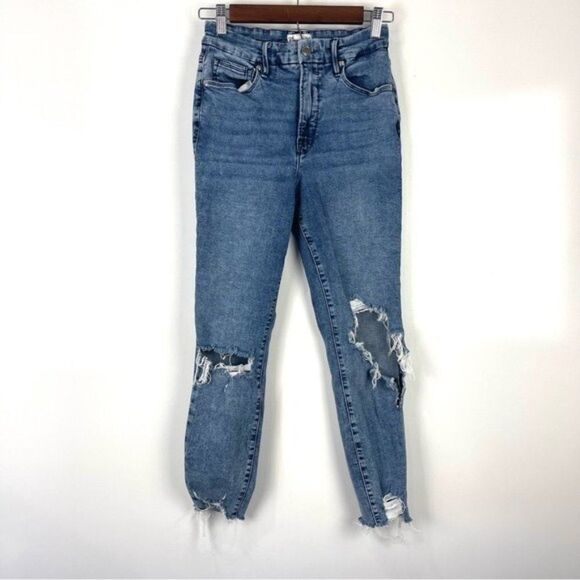 Good American Denim - Good American Good Waist Distressed Cropped Chewed Hem Skinny Jeans Size 6/28